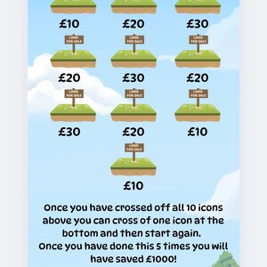 May include: A colorful graphic with the text "Let's buy a plot of land." It features illustrations of land plots with prices ranging from £10 to £30. The bottom section shows savings milestones up to £1000.