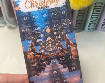 Christmas Market (New) Challenge Savings Tracker & zip wallet, cash Stuffing, Budgeting, A6 binder, Save money,  Envelope method