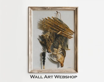 A Trompe L'oeil Still Life With Two Quails, A Bird-Net And A Whistle | PRINTABLE Digital Downloadable Art | Wall Art Webshop