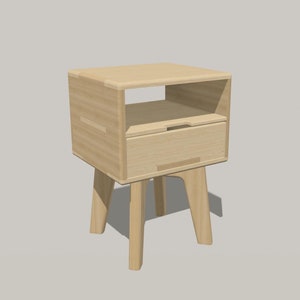 May include: A light wood nightstand with a drawer and a shelf. The nightstand has four legs.