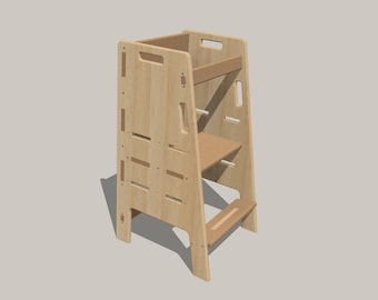 May include: A wooden step stool with two shelves and a step. The stool is made of light brown wood and has a simple design.