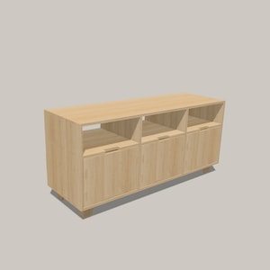 May include: A light wood media console with three doors and three open shelves. The console has a modern design with simple lines and a light wood finish.