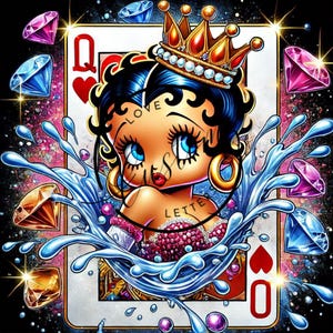 May include: A cartoon illustration of a queen of hearts playing card featuring a female character with a crown, large eyes, and a pink and sparkly dress. The card is surrounded by blue water and sparkling diamonds.