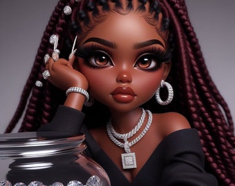 May include: A digital illustration of a Black woman with long, red braided hair. She is wearing a black top, diamond earrings, a diamond necklace with a square pendant, and a diamond bracelet. She is looking at the camera with a serious expression.
