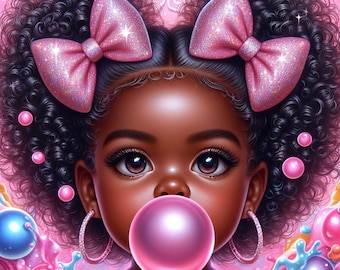 May include: A young girl with dark brown skin and curly black hair is blowing a pink bubble. She is wearing pink bows with glitter in her hair and large hoop earrings. The background is pink with colourful bubbles.