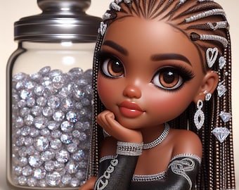 May include: A 3D illustration of a Black doll with brown eyes, wearing a black dress with silver embellishments and a silver necklace. The doll has long brown braids with silver beads and is holding her chin with her hand. A glass jar filled with silver rhinestones is in the background.