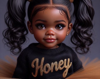 May include: A young girl with dark brown skin and long black hair in pigtails wears a black sweater with the word "Honey" in gold glitter letters. She is wearing a brown tulle skirt.