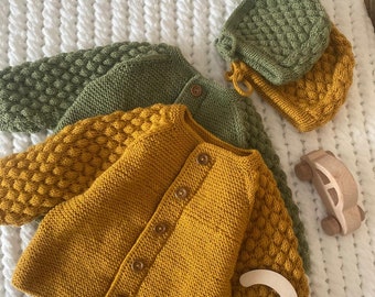 Mustard and Green Crochet Newborn Set, 2Pcs Baby Jacket and Hat Set, Adorable Newborn Photo Clothes, Crochet Baby Jacket, Gift for Babies