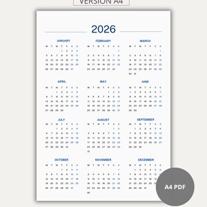 Peut inclure: Calendrier 2026 au design simple et épuré. Le calendrier est affiché au format mensuel, chaque mois étant clairement indiqué. Le texte "2026 Calendar" est en haut. Le calendrier est disponible en PDF A4.