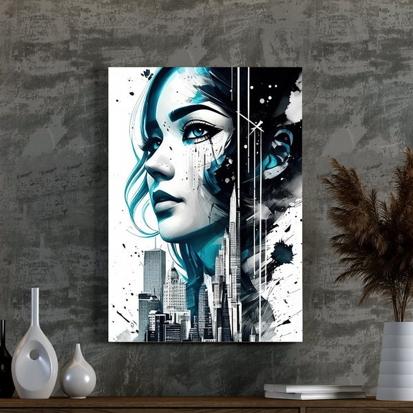 City and Woman Canvas, Blue Skyscraper Designed Poster, Decorative Office Wall Art Canvas Design, Abstract Canvas, Ready To Hang Decoration