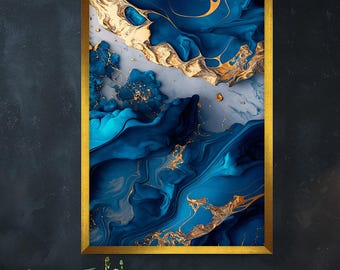 Abstract Blue and Gold Patterned Canvas Painting, Abstract Wall Painting, Blue Home Decor, Modern Wall Art, Ready to Hang Canvas Painting