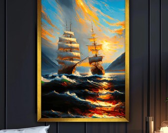 Sunset Sailing Ships Canvas Painting, Landscape Wall Painting, Sailor Home Decor, Modern Artwork, Wall Art, Ready to Hang Canvas Painting