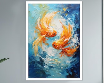 Japanese Fish Canvas Painting, Colorful Wall Painting, Asian Home Decor, Modern Artwork, Wall Art, Home Gift, Ready to Hang Canvas Painting