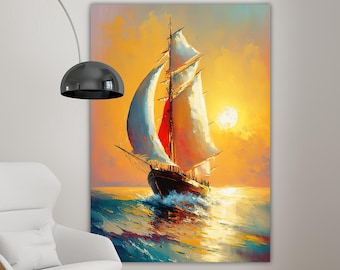 Sunset Sailing Ship Canvas Painting, Sailor Wall Painting, Ship Home Decor, Modern Artwork, Modern Wall Art, Ready to Hang Canvas Painting