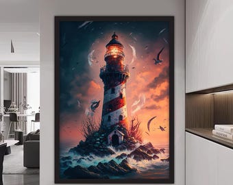 Lighthouse Canvas Painting, Sailor Wall Painting, American Home Decor, Modern Artwork, Modern Wall Art, Gift, Ready to Hang Canvas Painting