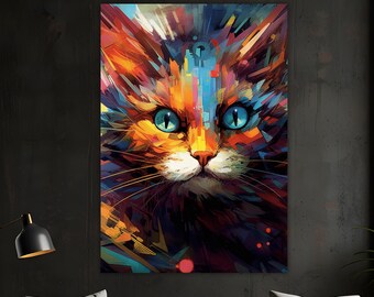 Colorful Cat Canvas Painting, Animal Wall Painting, Cat Home Decor, Modern Artwork, Modern Wall Art, Gift, Ready to Hang Canvas Painting