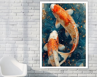 カラフルな鯉の池のキャンバス、大きな壁アート - Etsy 日本