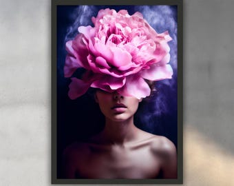 頭に花をつけた美しい女性の絵画 オリジナルの金箔の花の頭の