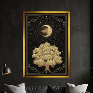 Pintura en lienzo de árbol y luna, pintura mural esotérica, decoración del hogar con cartas del tarot, obra de arte moderna, arte mural moderno, pintura en lienzo lista para colgar