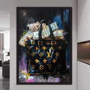 Dipinto su tela con sacco di soldi, dipinto murale con soldi, arredamento per la casa con dollari, opera d'arte moderna, arte murale moderna, regalo per la casa, dipinto su tela pronto da appendere