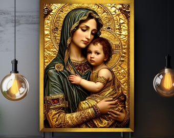 Holy Mary and Baby Jesus Canvas Painting, Christian Wall Painting, Christian Home Decor, Modern Artwork, Ready to Hang Canvas Painting
