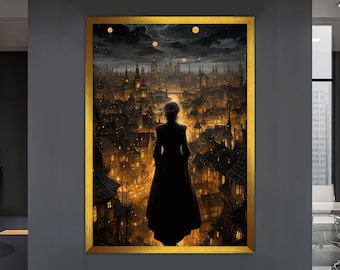 City Landscape and Woman Canvas Painting, Woman Wall Painting, City Home Decor, Modern Artwork, Wall Art, Ready to Hang Canvas Painting