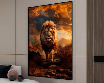 Lion Sunset Canvas Painting, African Wall Painting, Sunset Home Decor, Modern Artwork, Modern Wall Art, Gift, Ready to Hang Canvas Painting