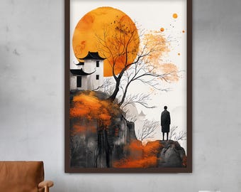 Japanese Landscape Canvas Painting, Japanese Wall Painting, Landscape Home Decor, Modern Artwork, Wall Art, Ready to Hang Canvas Painting