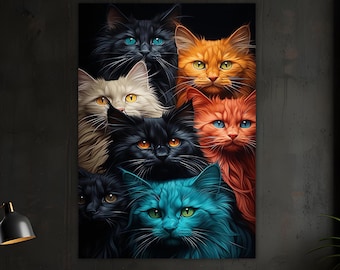 Colorful Cats Canvas Painting, Colorful Wall Painting, Cats Home Decor, Modern Artwork, Modern Wall Art, Gift, Ready to Hang Canvas Painting