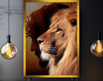 Lion and Jesus Canvas Painting, Christianity Wall Painting, Jesus Christ Home Decor, Artwork, Modern Wall Art, Ready to Hang Canvas Painting