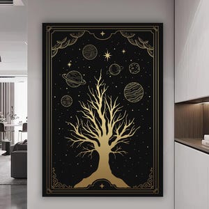 Pintura de árbol en lienzo, pintura mural de cartas del tarot, decoración psíquica para el hogar, obra de arte moderna, arte mural moderno, regalo, pintura en lienzo lista para colgar