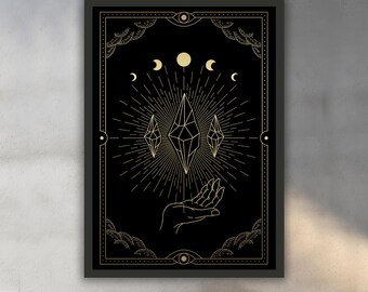 Peinture sur toile lune, peinture murale carte de tarot, décoration d'intérieur voyante, oeuvre d'art moderne, art mural moderne, cadeau, peinture sur toile prête à accrocher