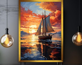 Sailing Ship Sunset Canvas Painting, Sunset Wall Painting, Landscape Home Decor, Modern Artwork, Wall Art, Ready to Hang Canvas Painting