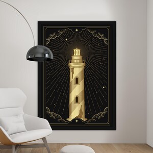 Cuadro sobre lienzo de faro, cuadro mural con cartas del tarot, decoración psíquica para el hogar, obra de arte moderna, arte mural moderno, cuadro sobre lienzo listo para colgar