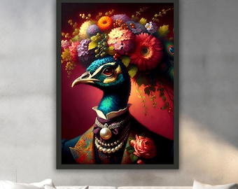 Colorful Peacock Canvas Painting, Flower Wall Painting, Animal Home Decor, Modern Wall Art, Home Gift, Ready to Hang Canvas Painting