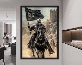 エルメスのオレンジ色の馬場馬術の油絵、黒い種馬のキャンバスアート