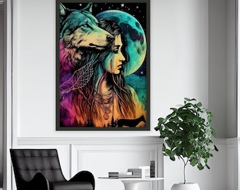 Wolf und Frau Leinwand Gemälde, Frau Wandbild, Wolf Wohnkultur, modernes Kunstwerk, moderne Wandkunst, Geschenk, fertig zum Aufhängen