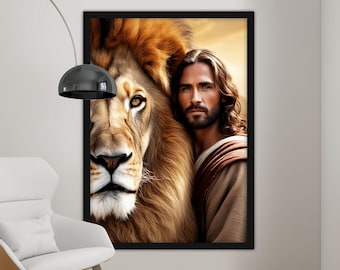 Dipinto su tela di Gesù e leone, dipinto murale di Gesù, arredamento cristiano per la casa, opera d'arte moderna, arte murale, regalo, dipinto su tela pronto da appendere