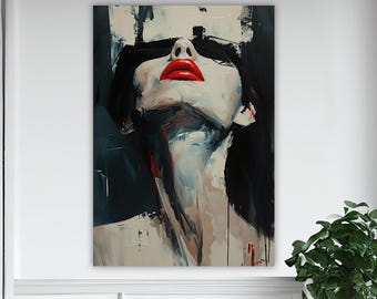 Pintura en lienzo de mujer con labios rojos, pintura mural de mujer, decoración del hogar de moda, obra de arte moderna, arte mural moderno, pintura en lienzo lista para colgar