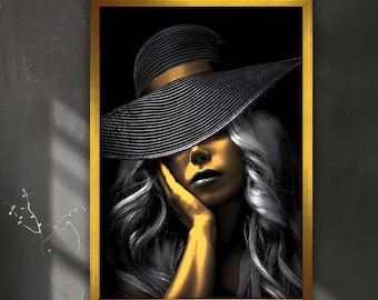 Toile femme au chapeau, peinture murale dorée, décoration d'intérieur tendance, oeuvre d'art moderne, oeuvre d'art murale moderne, cadeau, peinture sur toile prête à accrocher