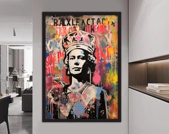 Cuadro sobre lienzo de la reina Isabel II de Banksy, cuadro mural de Banksy, decoración del hogar de Banksy, obra de arte moderna, arte mural, cuadro sobre lienzo listo para colgar