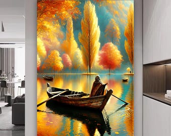 Boat on the Lake Canvas Painting, Landscape Wall Painting, Lake Home Decor, Modern Artwork, Modern Wall Art, Ready to Hang Canvas Painting