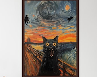 Black Cat Canvas Painting, Van Gogh Style Wall Painting, Cat Home Decor, Modern Artwork, Wall Art, Home Gift, Ready to Hang Canvas Painting