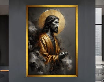Jesus Christ Canvas Painting, Jesus Wall Painting, Christian Gold Home Decor, Modern Artwork, Modern Wall Art, Ready to Hang Canvas Painting
