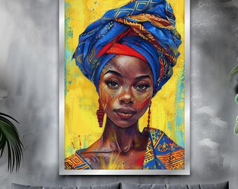 Pintura en lienzo de mujer africana con pañuelo en la cabeza, pintura mural de mujer negra, decoración del hogar para mujeres, obra de arte, arte mural, pintura en lienzo lista para colgar