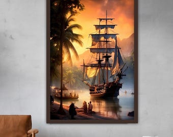 Sunset Sailing Ship Canvas Painting, Ship Wall Painting, Sunset Home Decor, Modern Artwork, Wall Art, Gift, Ready to Hang Canvas Painting