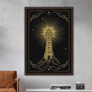 Peinture sur toile phare, peinture murale carte de tarot, décoration d'intérieur médium, oeuvre d'art moderne, oeuvre d'art murale moderne, peinture sur toile prête à accrocher