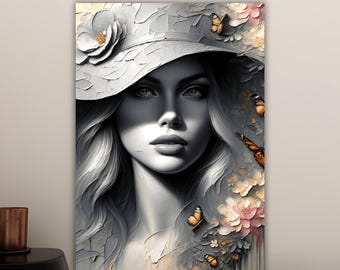 Peinture sur toile Portrait de femme avec un chapeau, peinture murale tendance, décoration d'intérieur de femme, art mural moderne, cadeau, peinture sur toile prête à accrocher