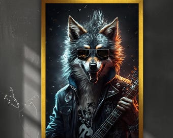 Guitarist Wolf Canvas Painting, Wolf Wall Painting, Wolf Home Decor, Modern Artwork, Wall Art, Home Gift, Ready to Hang Canvas Painting