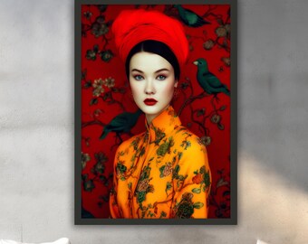 Japanse vrouw canvas schilderij, Aziatische muurschilderij, Aziatische vrouw woondecoratie, moderne kunstwerken, moderne muurkunst, klaar om op te hangen canvas schilderij